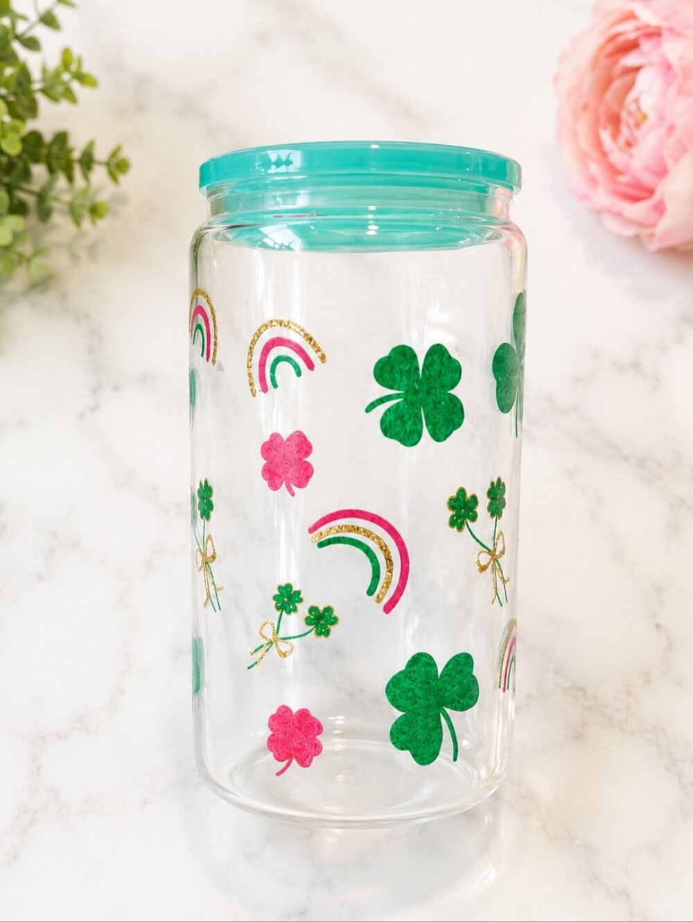 Handmade  Shamrock & Rainbow Glass Cup 16oz Nwot